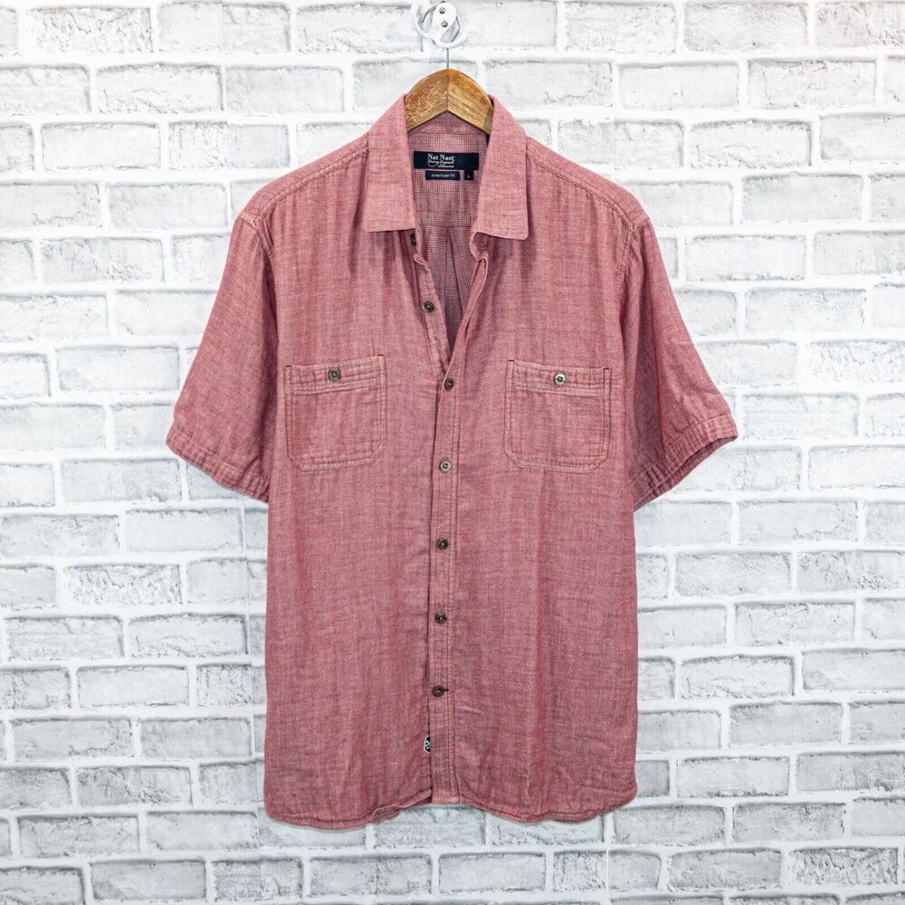 Nat Nast American Fit short sleeve button up Shirt in Heather Red sz L
